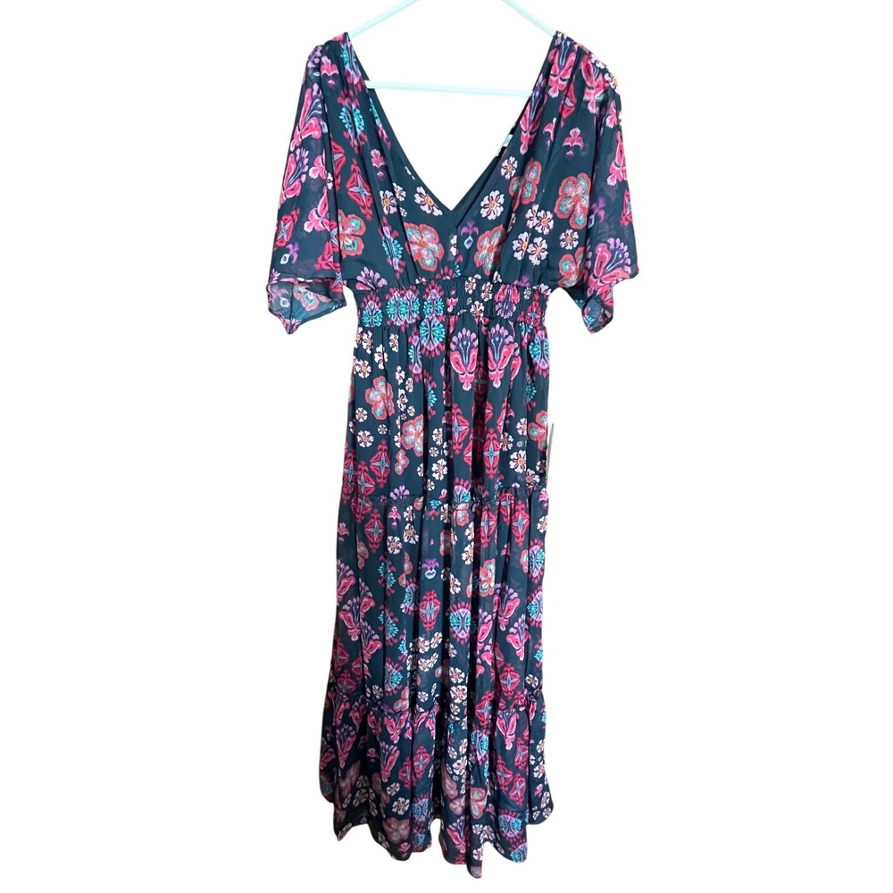 Venus Womens Floral Smocked‎ Waist V-Neck Tiered Maxi Dress XS Feminine  Cottage